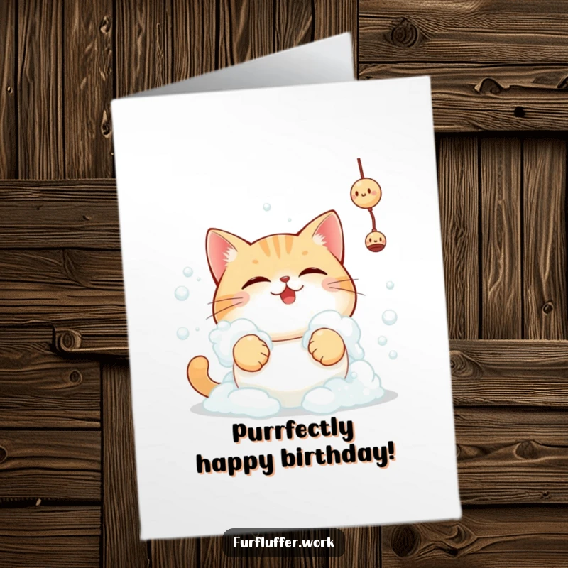 Funny Free Printable Birthday Card: Round cat covered in foam, determined to reach toy, birthday silliness.