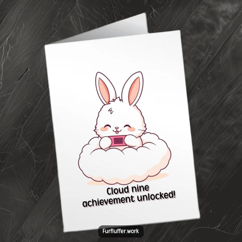 Funny Free Printable Congrats Card: A cute bunny meticulously combs a fluffy cloud, a delightful and whimsical symbol of achievement. Downloadable gift.
