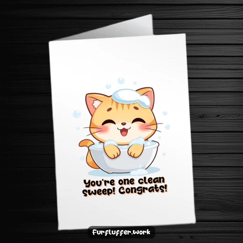 Funny Free Printable Congratulations Card: A happy cat luxuriates in a bubbly bath, symbolizing a clean and successful achievement.