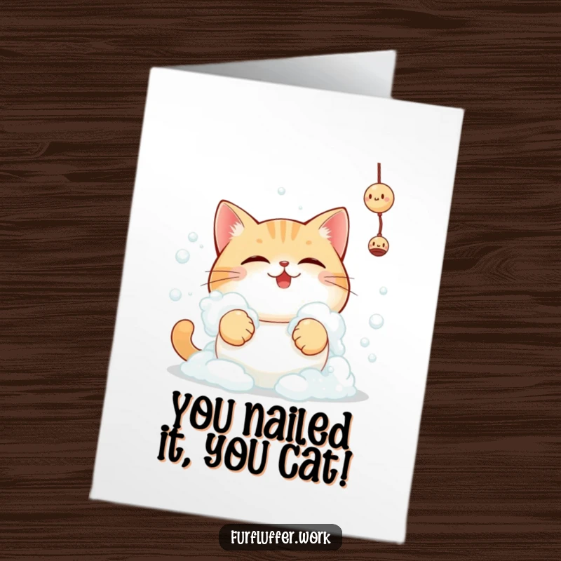 Funny Free Printable Congratulations Card: Round cat covered in foam, determined to reach toy, celebrating victory.