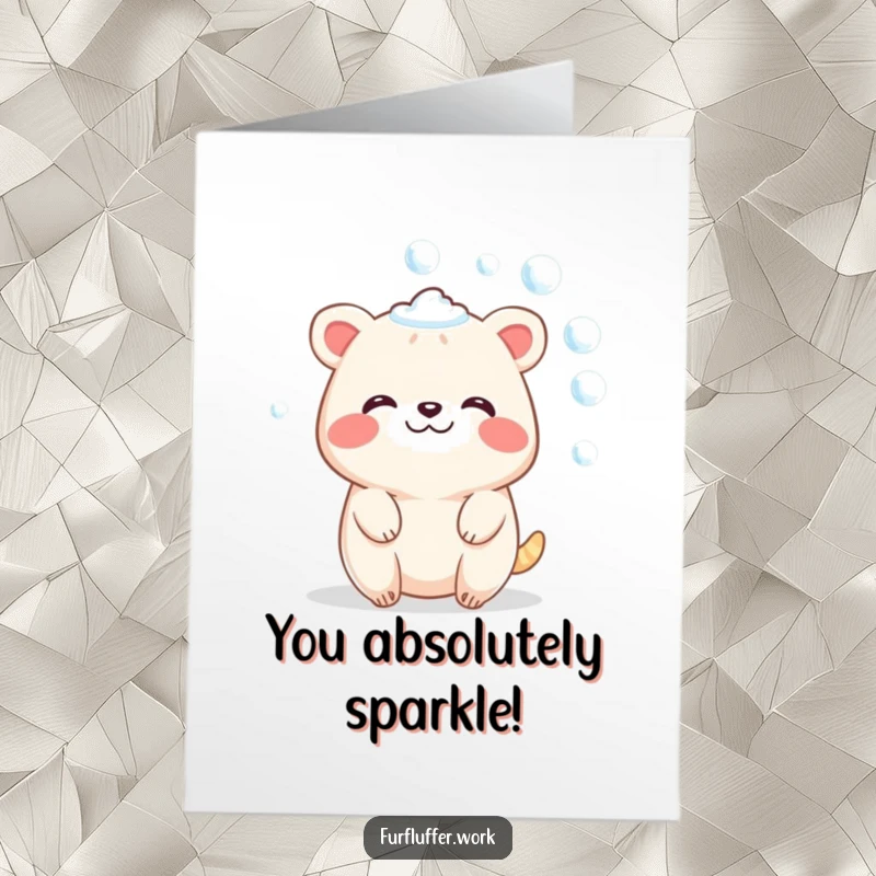Funny Free Printable Congratulations Card: A contented animal beaming with pride, covered in sparkling soap bubbles.