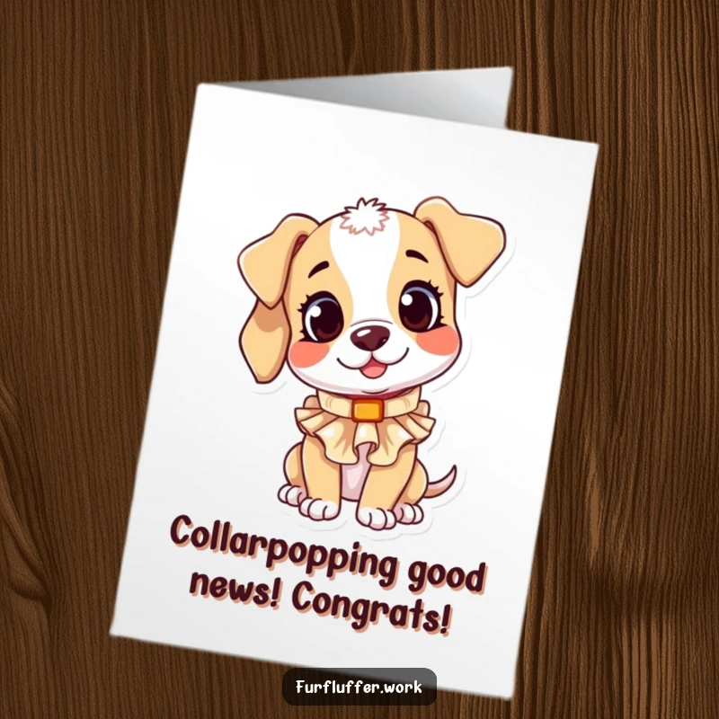 Funny Free Printable Congratulations Card: A curious puppy tries on a new ruffled collar, celebrating a milestone with adorable style.