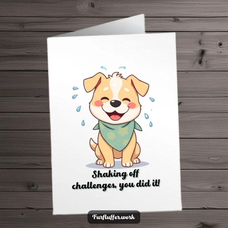 Funny Free Printable Congrats Card: A happy dog in a bandana shakes water vigorously, symbolizing a fresh start and celebration. Downloadable gift.