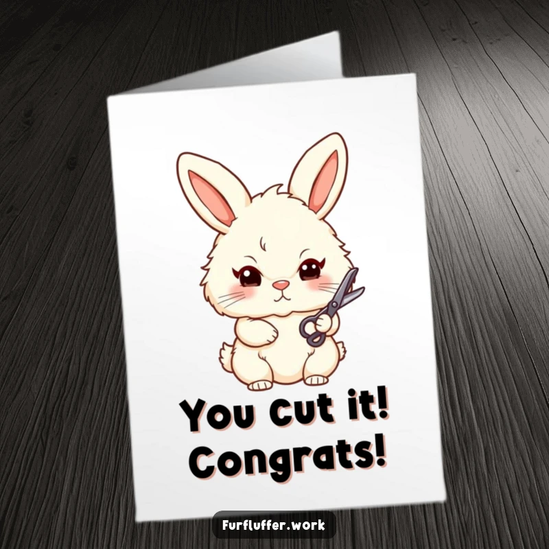 Funny Free Printable Congratulations Card showing a stylized bunny with scissors, looking sharp and ready to celebrate a major accomplishment.