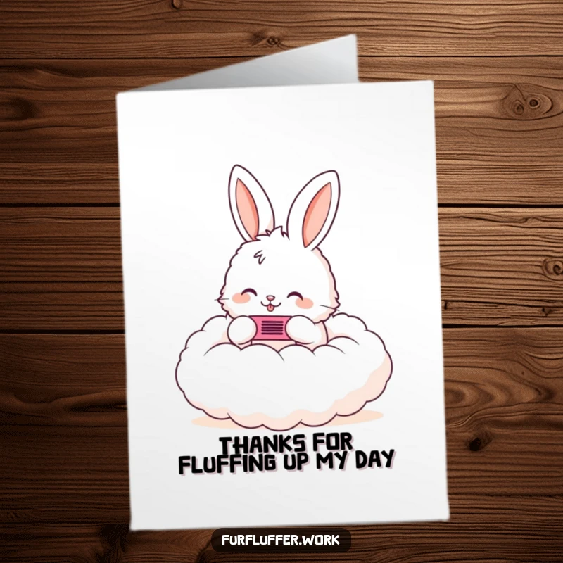 Funny Free Printable Thank You Card: A fluffy bunny happily uses a tiny comb on a very fluffy cloud, showing care and attention. Downloadable gift.