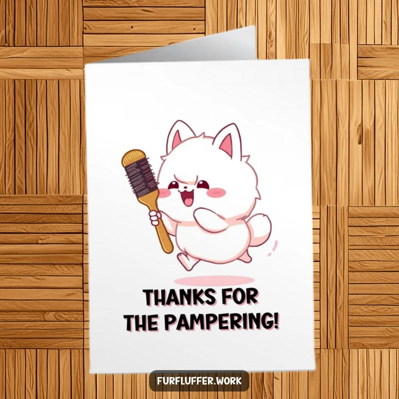 Funny Free Printable Thank You Card: Amusing animal comically chasing a rogue grooming brush, conveying thanks with humor.