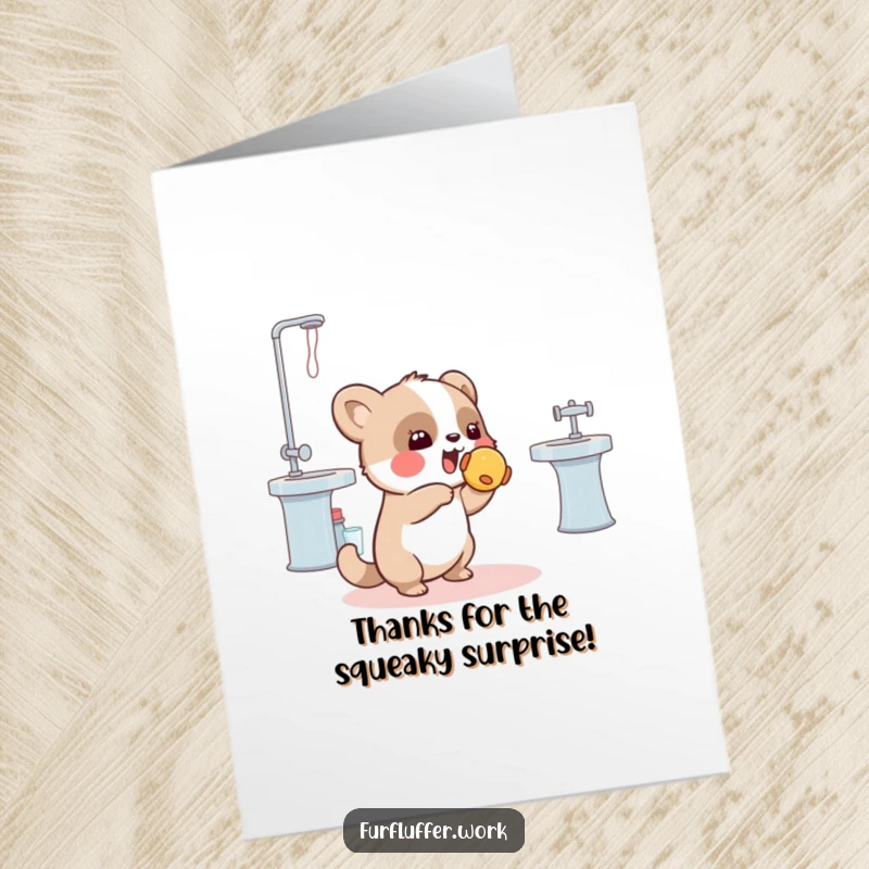 Funny Free Printable Thank You Card: A playful animal tossing a squeaky toy, conveying thanks with a fun spirit.