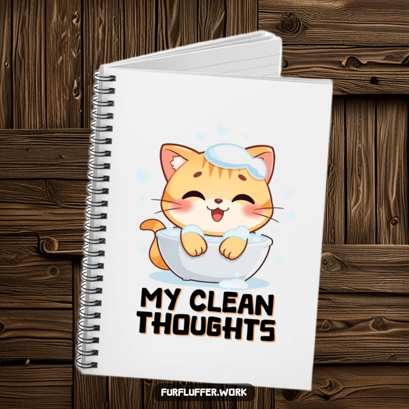 Funny notebook cover with a happy cat character enjoying a bubbly bath, looking content and exceptionally clean, perfect for journaling.