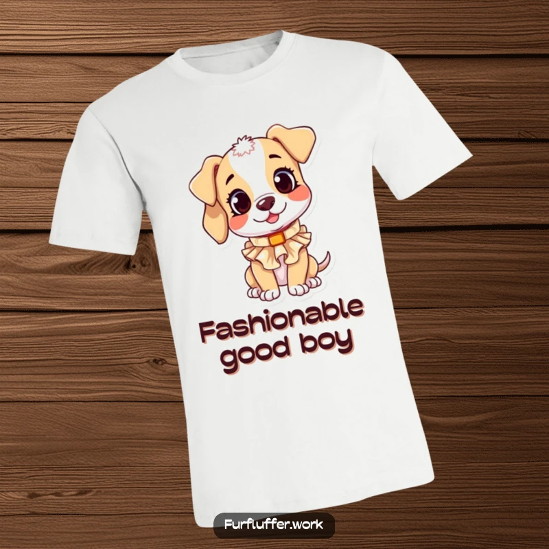 Funny T-shirt depicting a playful puppy character with a curious head tilt, attempting to wear a small, ruffled dog collar.