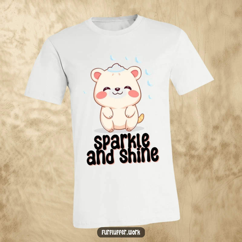 Funny t-shirt with a contented animal character sparkling with soap bubbles, exuding happiness and a love for bubbly relaxation.