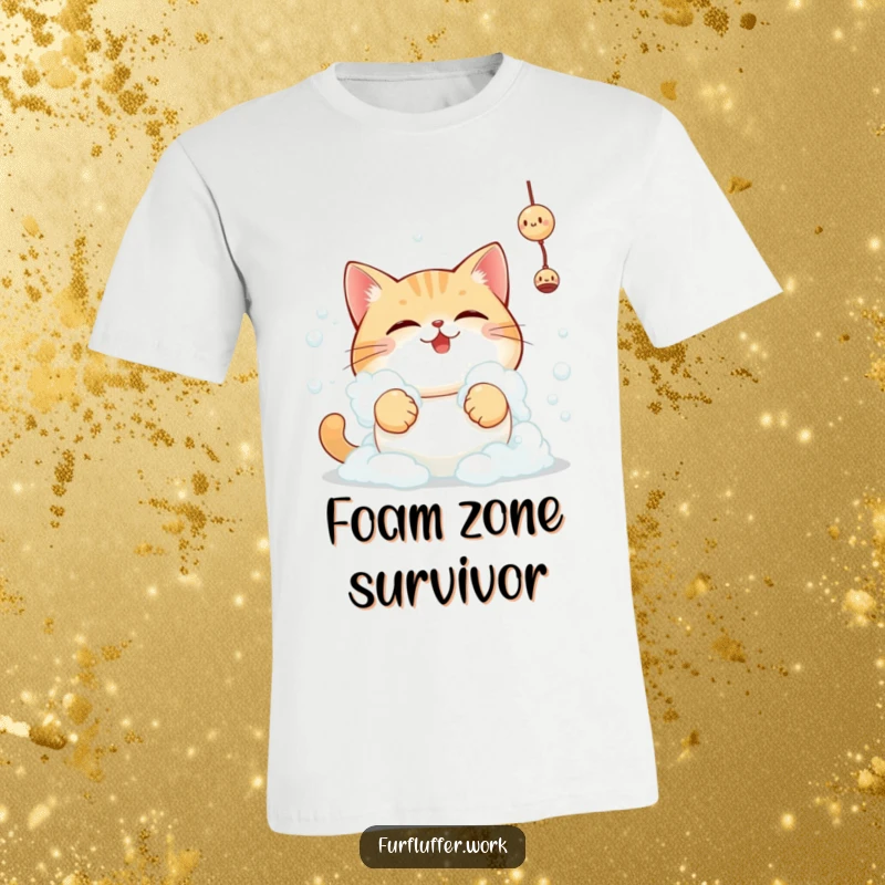 Playful round cat with a determined look reaches for a toy, covered in bubbly foam on a fun graphic t-shirt.
