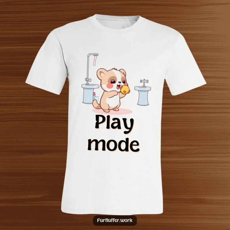 Funny t-shirt of a playful animal tossing a squeaky toy towards a grooming station, showcasing humorous pet playtime during grooming.