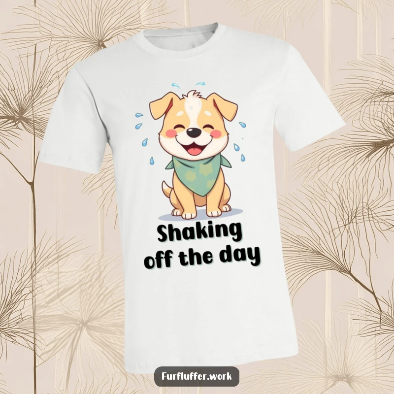 Funny t-shirt of a cheerful dog with a bandana, joyfully shaking water off its fur, embodying playful enthusiasm and happy mess.