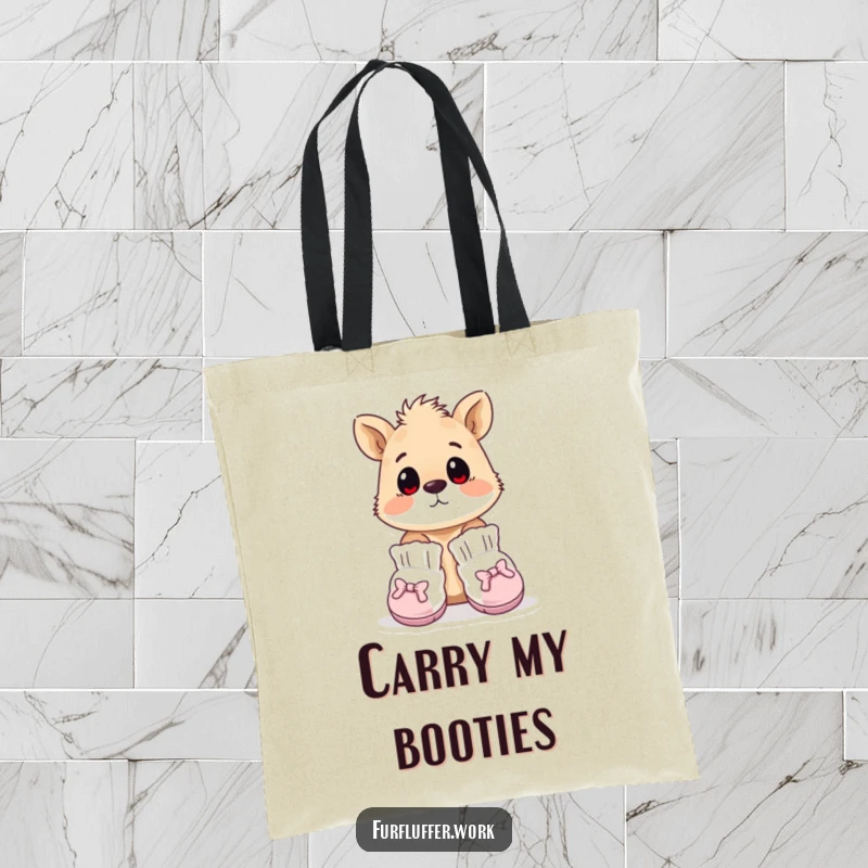 Funny tote bag depicting an animal wearing tiny, oversized grooming booties, looking surprised, perfect for carrying items with humorous pet fashion.