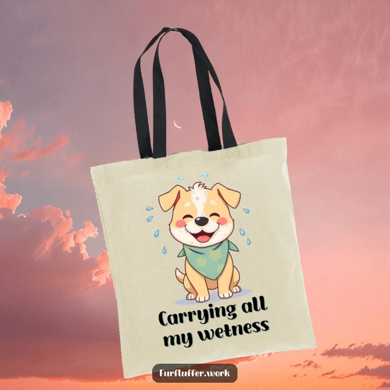 Funny tote bag depicting a cheerful dog with a bandana, playfully shaking water off its fur, ideal for carrying daily items with flair.