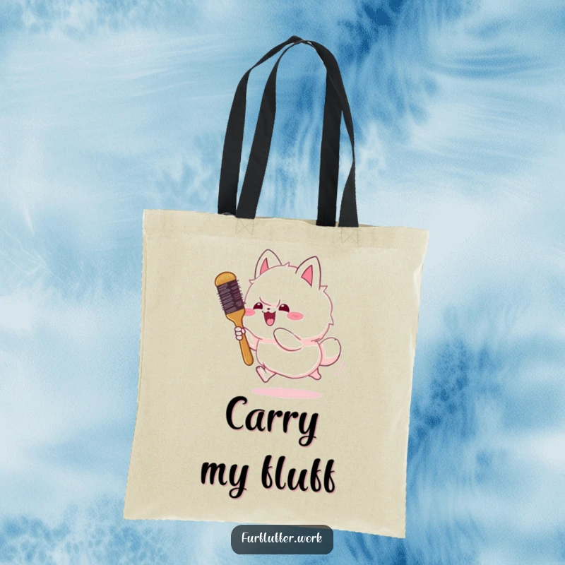 Funny tote bag with a fluffy animal gleefully chasing a bouncing grooming brush, perfect for pet enthusiasts and humor lovers.